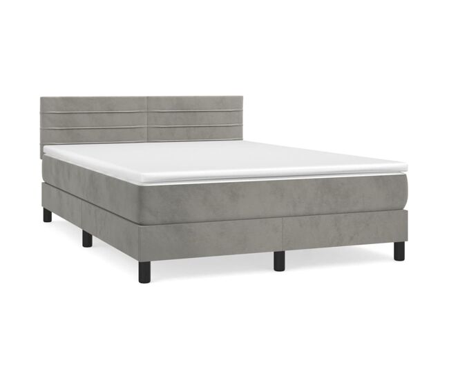 Cama box spring con colchón terciopelo gris claro 140x200 cm rayas horizontales