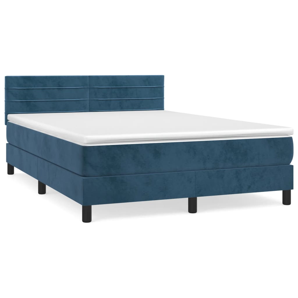 Cama box spring con colchón terciopelo azul oscuro 140x200 cm rayas horizontales