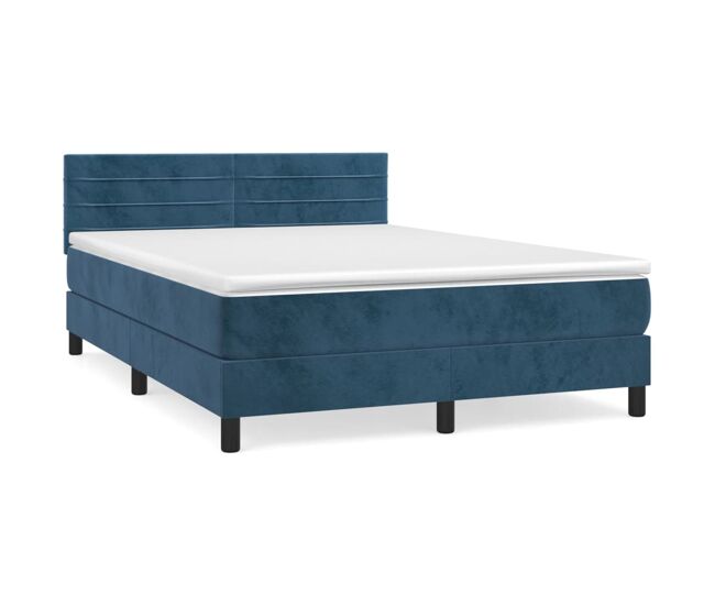 Cama box spring con colchón terciopelo azul oscuro 140x190 cm rayas horizontales