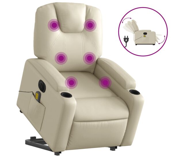 Vidaxl sillón de masaje elevable eléctrico cuero sintético crema