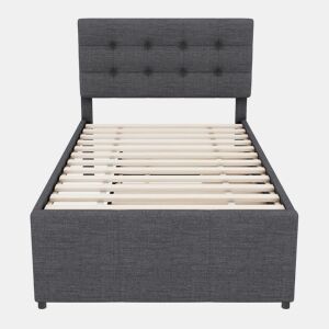 Cama estofada 90x200cm com cama de rodízio 90x190cm - em tecido de linho - com 3 gavetas e estrado de molas - Cinzento