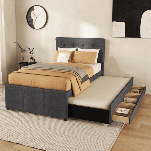 Cama estofada 90x200cm com cama de rodízio 90x190cm - em tecido de linho - com 3 gavetas e estrado de molas - Cinzento