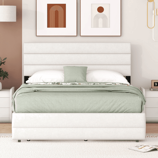 Cama de adulto 140x200 cm em tecido de linho - com cama de rodízio 90x190 cm e 2 gavetas - cabeceira regulável - Branco