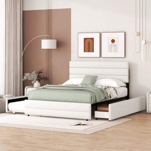 Cama de adulto 140x200 cm em tecido de linho - com cama de rodízio 90x190 cm e 2 gavetas - cabeceira regulável - Branco