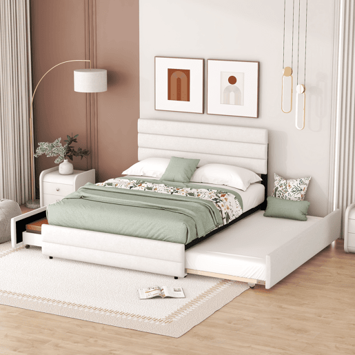 Cama de adulto 140x200 cm em tecido de linho - com cama de rodízio 90x190 cm e 2 gavetas - cabeceira regulável - Branco