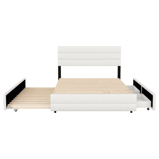 Cama de adulto 140x200 cm em tecido de linho - com cama de rodízio 90x190 cm e 2 gavetas - cabeceira regulável - Branco