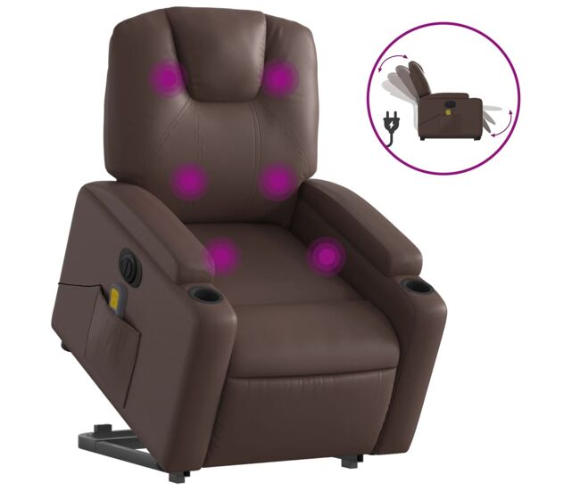 Vidaxl sillón de masaje elevable eléctrico cuero sintético marrón