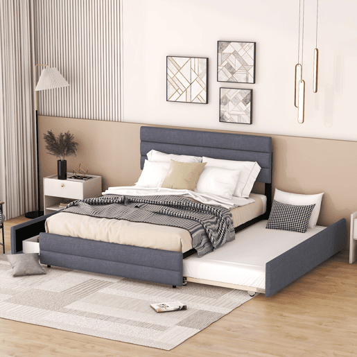 Cama de adulto 140x200cm em tecido de linho - com cama de rodízio 90x190cm e 2 gavetas - cabeceira regulável - Cinzento