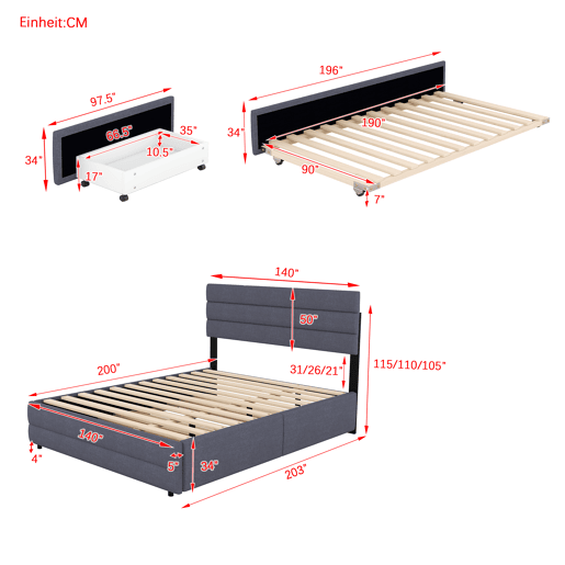 Cama de adulto 140x200cm em tecido de linho - com cama de rodízio 90x190cm e 2 gavetas - cabeceira regulável - Cinzento