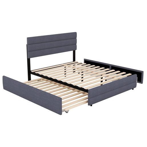 Cama de adulto 140x200cm em tecido de linho - com cama de rodízio 90x190cm e 2 gavetas - cabeceira regulável - Cinzento