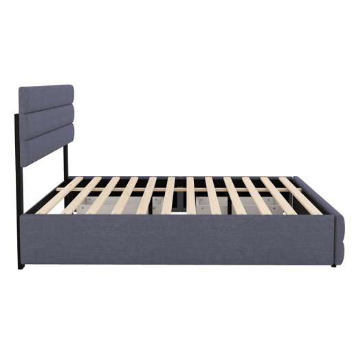 Cama de adulto 140x200cm em tecido de linho - com cama de rodízio 90x190cm e 2 gavetas - cabeceira regulável - Cinzento