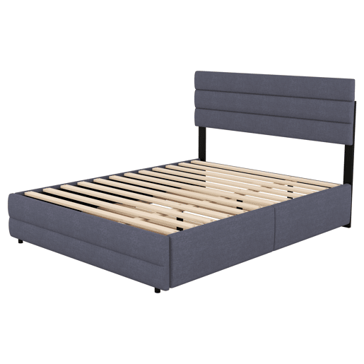 Cama de adulto 140x200cm em tecido de linho - com cama de rodízio 90x190cm e 2 gavetas - cabeceira regulável - Cinzento