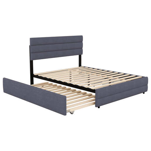 Cama de adulto 140x200cm em tecido de linho - com cama de rodízio 90x190cm e 2 gavetas - cabeceira regulável - Cinzento