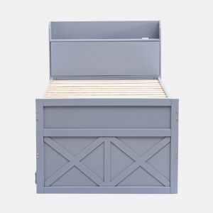 Cama de rodízio em madeira maciça - 90x190cm - com 2 gavetas e porta de carregamento USB na prateleira - Cinzento