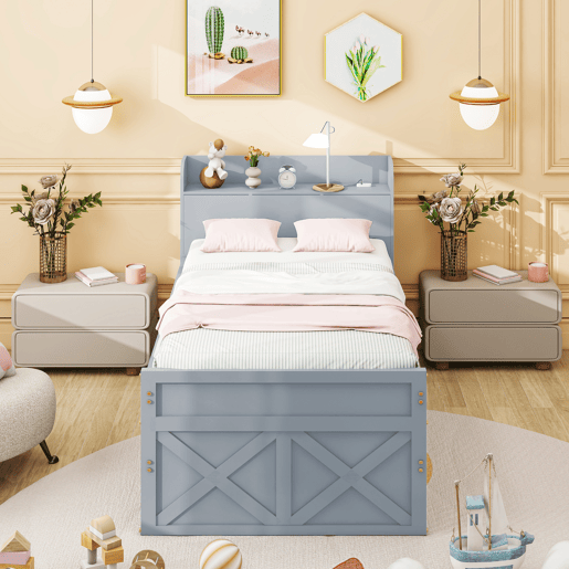 Cama de rodízio em madeira maciça - 90x190cm - com 2 gavetas e porta de carregamento USB na prateleira - Cinzento