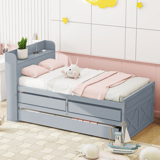 Cama de rodízio em madeira maciça - 90x190cm - com 2 gavetas e porta de carregamento USB na prateleira - Cinzento