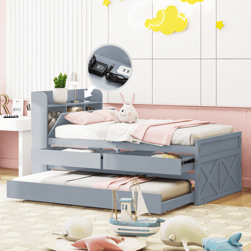 Cama de rodízio em madeira maciça - 90x190cm - com 2 gavetas e porta de carregamento USB na prateleira - Cinzento