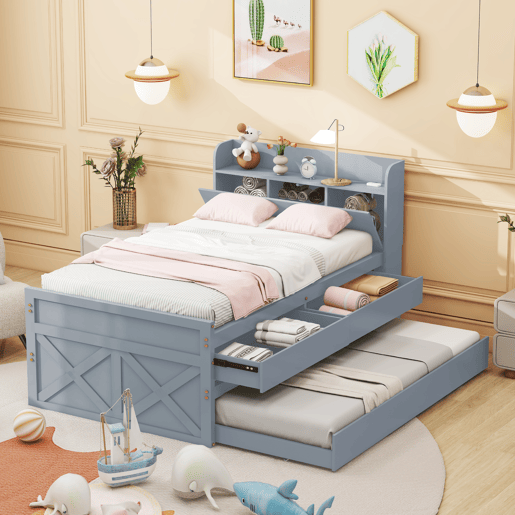 Cama de rodízio em madeira maciça - 90x190cm - com 2 gavetas e porta de carregamento USB na prateleira - Cinzento
