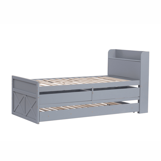Cama de rodízio em madeira maciça - 90x190cm - com 2 gavetas e porta de carregamento USB na prateleira - Cinzento