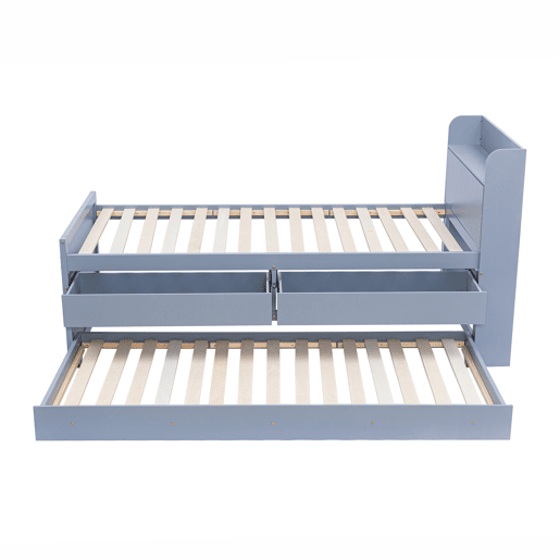 Cama de rodízio em madeira maciça - 90x190cm - com 2 gavetas e porta de carregamento USB na prateleira - Cinzento
