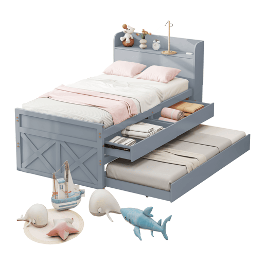 Cama de rodízio em madeira maciça - 90x190cm - com 2 gavetas e porta de carregamento USB na prateleira - Cinzento