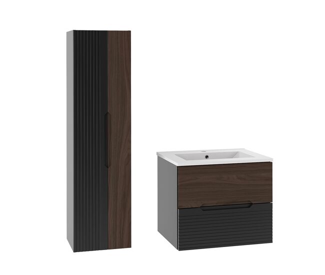 Conjunto de muebles con lavabo individual encastrado 60cm y columna sylla negro y madera