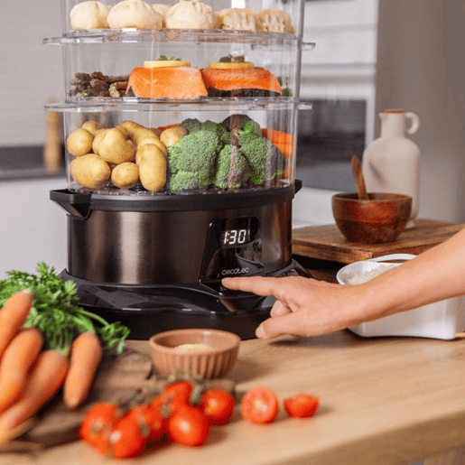 Cecotec Vaporizador elétrico de 1000 W, com 3 recipientes, tigela para arroz de 1 l e tempo ajustável.