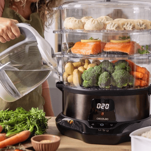 Cecotec Vaporizador elétrico de 1000 W, com 3 recipientes, tigela para arroz de 1 l e tempo ajustável.