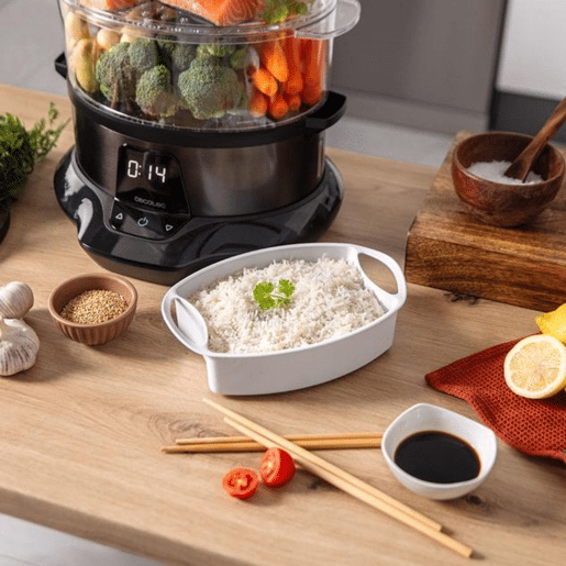 Cecotec Vaporizador elétrico de 1000 W, com 3 recipientes, tigela para arroz de 1 l e tempo ajustável.