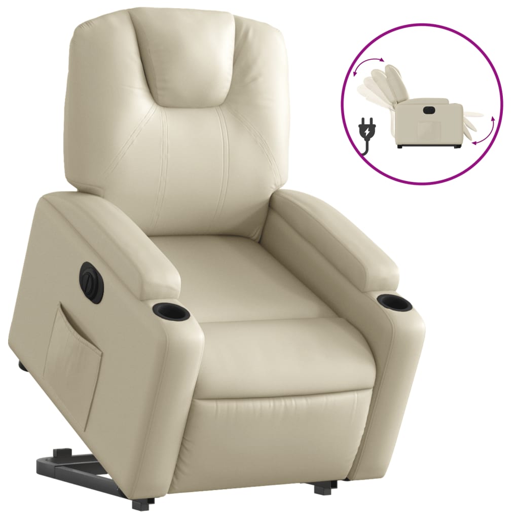 Vidaxl sillón reclinable elevable eléctrico de cuero sintético crema