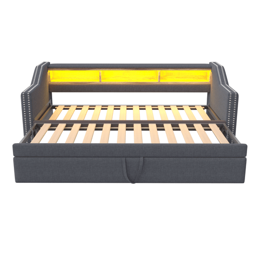 Sofá-cama extraível 90180x190cm em linho - com LED e USB - com base de ripas - Cinzento Sofá-cama extraível 90180x190cm em linho - com LED e USB - com base de ripas - Cinzento