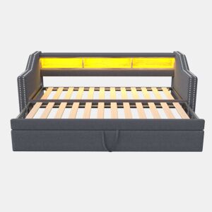 Sofá-cama extraível 90180x190cm em linho - com LED e USB - com base de ripas - Cinzento