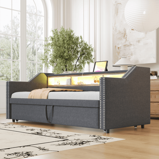 Sofá-cama extraível 90180x190cm em linho - com LED e USB - com base de ripas - Cinzento Sofá-cama extraível 90180x190cm em linho - com LED e USB - com base de ripas - Cinzento
