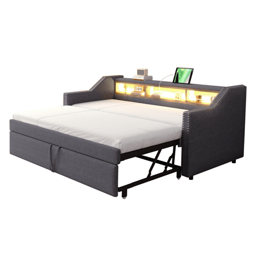Sofá-cama extraível 90180x190cm em linho - com LED e USB - com base de ripas - Cinzento Sofá-cama extraível 90180x190cm em linho - com LED e USB - com base de ripas - Cinzento