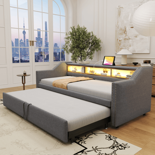 Sofá-cama extraível 90180x190cm em linho - com LED e USB - com base de ripas - Cinzento Sofá-cama extraível 90180x190cm em linho - com LED e USB - com base de ripas - Cinzento