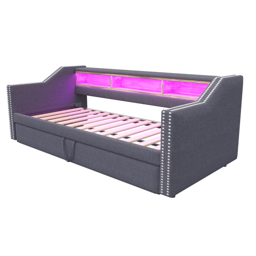 Sofá-cama extraível 90180x190cm em linho - com LED e USB - com base de ripas - Cinzento Sofá-cama extraível 90180x190cm em linho - com LED e USB - com base de ripas - Cinzento
