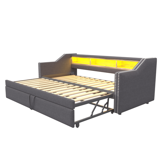 Sofá-cama extraível 90180x190cm em linho - com LED e USB - com base de ripas - Cinzento Sofá-cama extraível 90180x190cm em linho - com LED e USB - com base de ripas - Cinzento