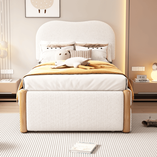Cama estofada de pelúcia 90x200 cm - com cama de rodízio extraível 90x190 cm - com estrado de ripas de MDF - Branco