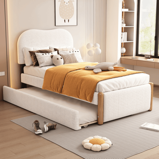 Cama estofada de pelúcia 90x200 cm - com cama de rodízio extraível 90x190 cm - com estrado de ripas de MDF - Branco