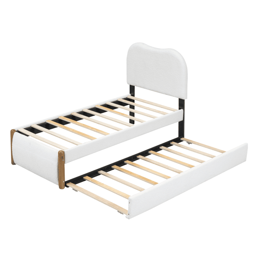 Cama estofada de pelúcia 90x200 cm - com cama de rodízio extraível 90x190 cm - com estrado de ripas de MDF - Branco