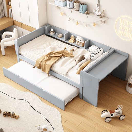 Cama individual 90x200 cm com cama de rodízio - com secretária lateral - Cinzento