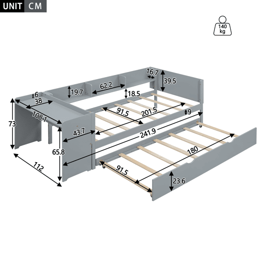 Cama individual 90x200 cm com cama de rodízio - com secretária lateral - Cinzento