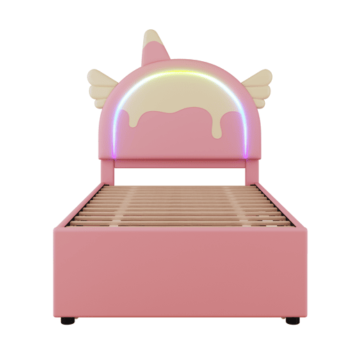 Cama de criança 90x200cm com cama com gavetão 90x190cm - cabeceira em forma de unicórnio com LED - em pele sintética - Rosa