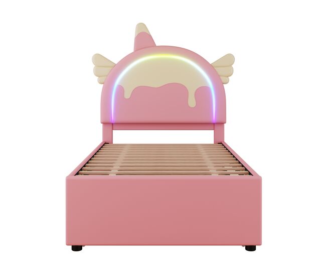 Cama infantil 90x200cm con cama nido 90x190cm - cabecero en forma de unicornio con led - en símil piel - rosa