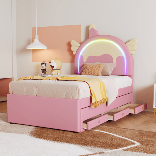 Cama de criança 90x200cm com cama com gavetão 90x190cm - cabeceira em forma de unicórnio com LED - em pele sintética - Rosa