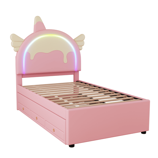 Cama de criança 90x200cm com cama com gavetão 90x190cm - cabeceira em forma de unicórnio com LED - em pele sintética - Rosa