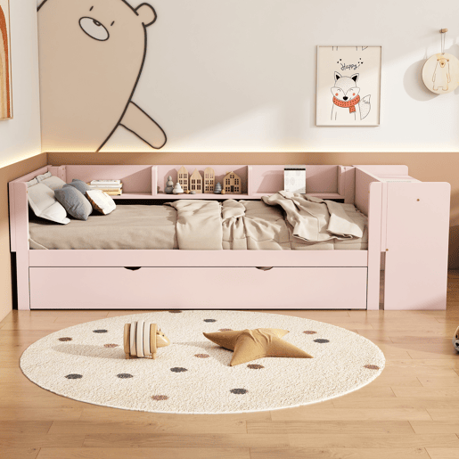 Cama individual 90x200 cm com cama de rodízio - com secretária lateral - Rosa