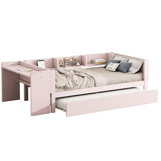 Cama individual 90x200 cm com cama de rodízio - com secretária lateral - Rosa