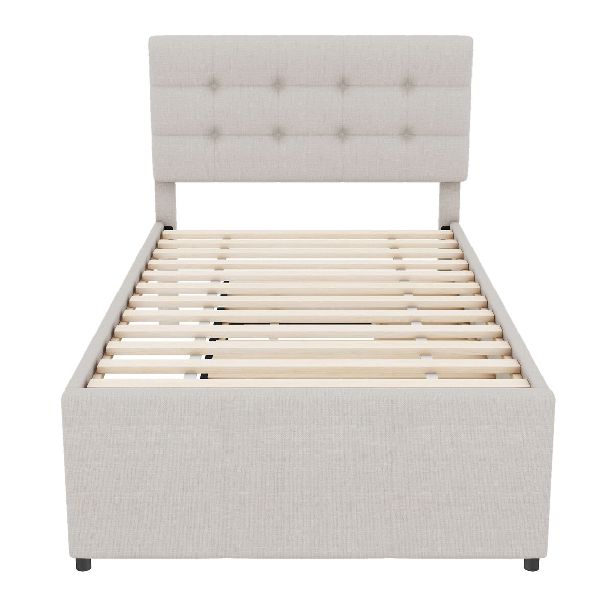 Cama tapizada 90x200cm con cama nido 90x190cm - en tejido de lino - con 3 cajones y somier - beige