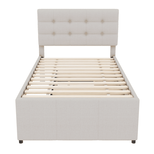 Cama estofada 90x200cm com cama de rodízio 90x190cm - em tecido de linho - com 3 gavetas e estrado de molas - Bege